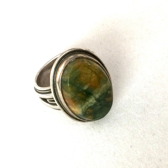 Vintage Jasper Cabochon & Silver Ring Stamped Sterling Circle M - Louis J. Meyer - Picture 6 of 9